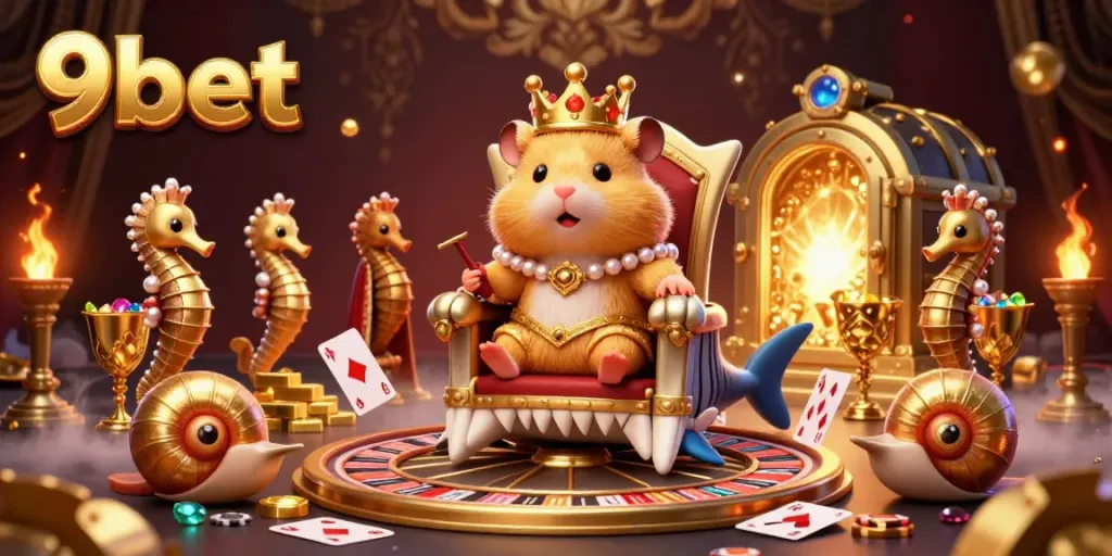 Experience the vibrant gameplay at 9bet with a golden hamster king surrounded by casino treasures.
