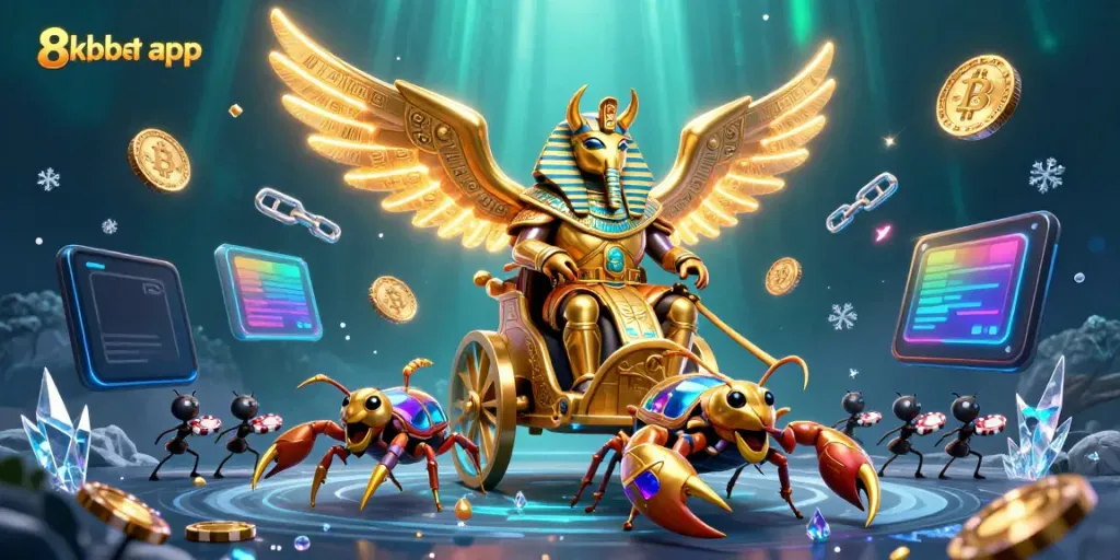 Engage with the 8xbet app through a vibrant and detailed 3D illustration of casino adventures.