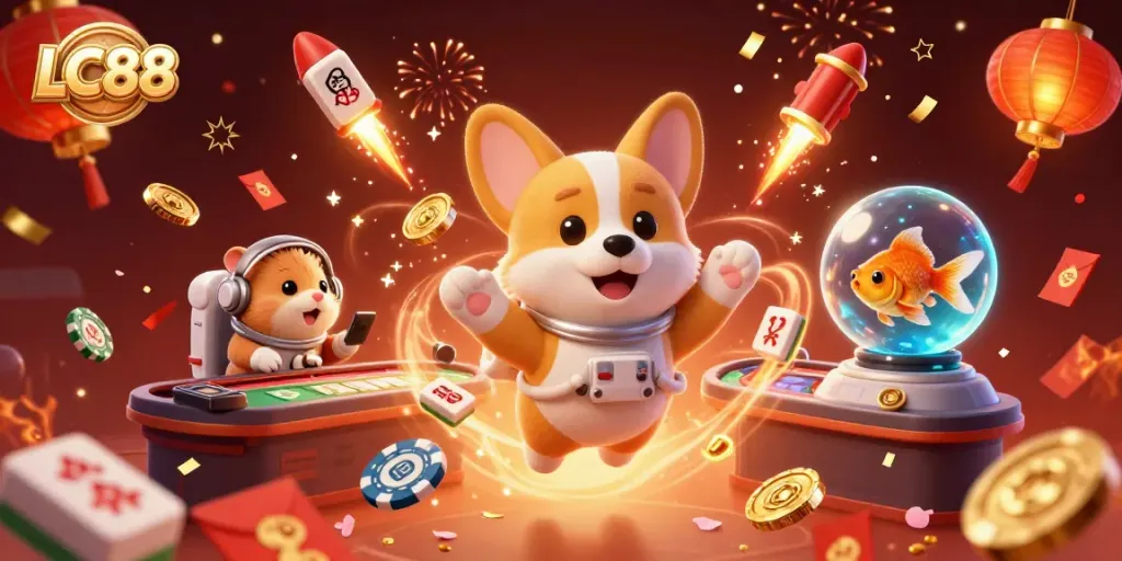LC88 astronauts engage in casino fun, with floating poker chips and festive decorations.