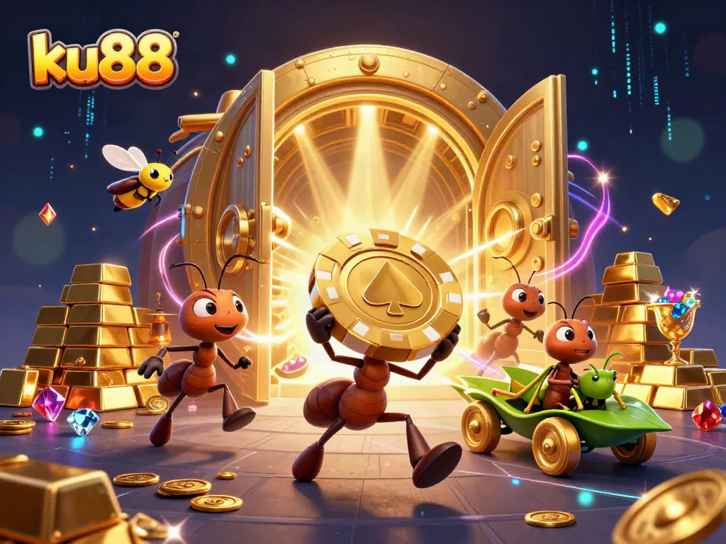 ku88 captivates with an exciting heist scene featuring ants carrying a giant poker chip.