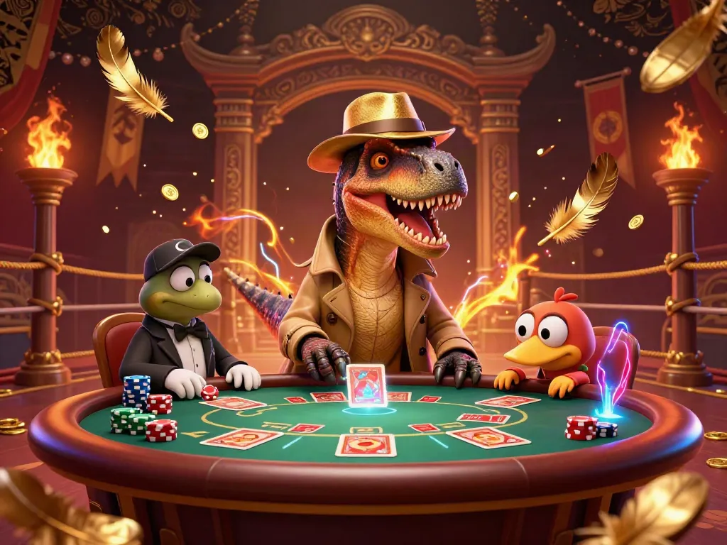 Experience the high-stakes action at hay88 casino with a velociraptor card counter and thrilling blackjack scene.