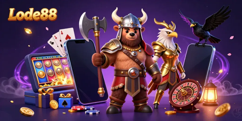 Experience thrilling gaming action with the vibrant Lode88 scene featuring explosive slot games and majestic characters.