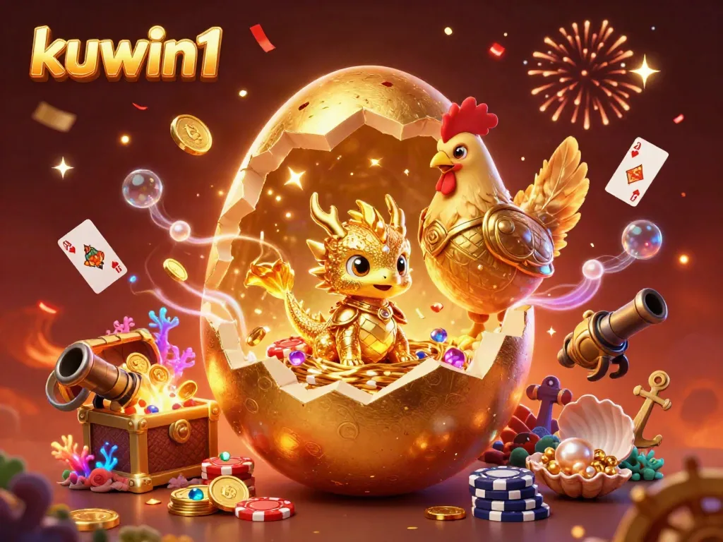 Kuwin1 showcases a golden dragon and golden poker chips in a dazzling casino-themed art.
