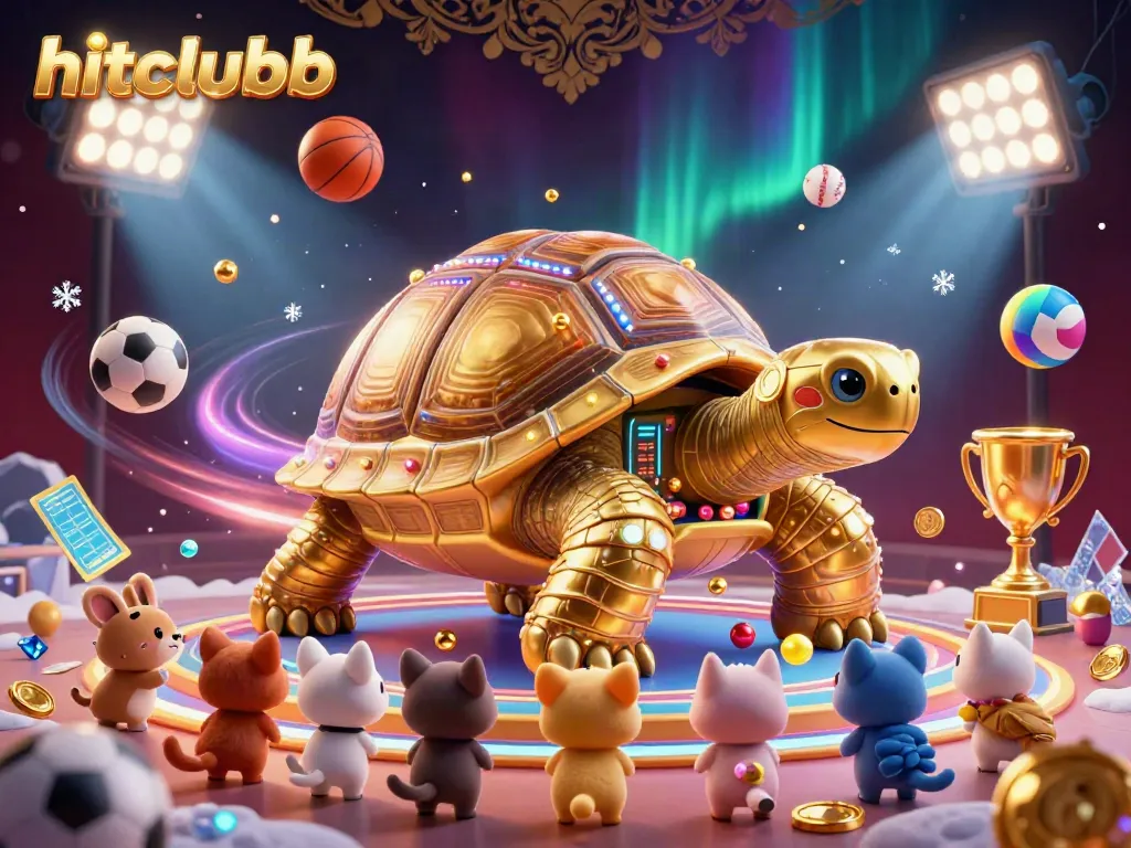 Experience the thrill of hitclubb with a dazzling 3D casino illustration showcasing a golden tortoise and exciting game elements.