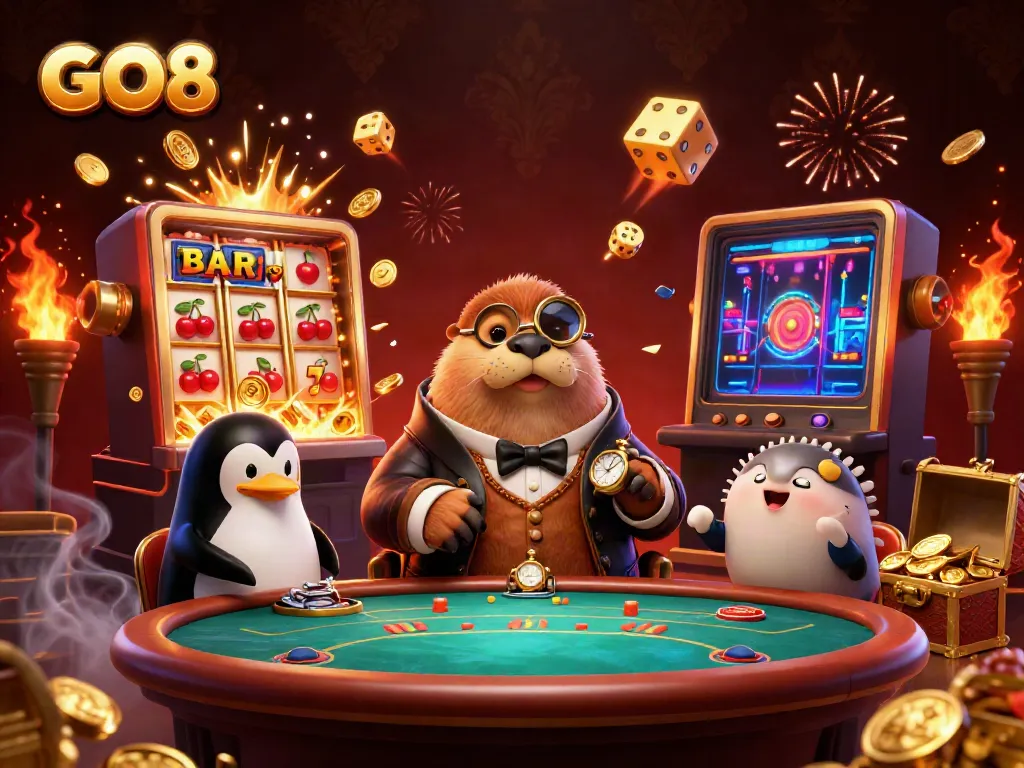 GO8 walrus playing poker underwater with a penguin dealer and a bluffing pufferfish, casino elements floating around.