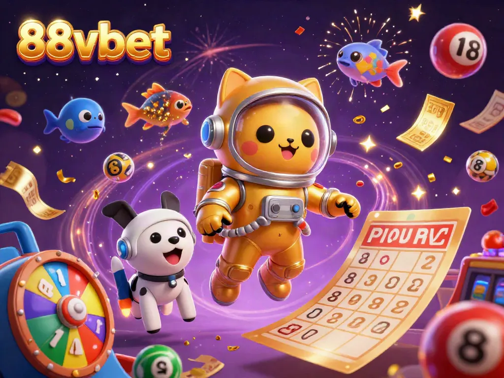 Experience excitement with 88vbet's vibrant lottery-themed illustration showcasing dynamic characters and engaging game elements.