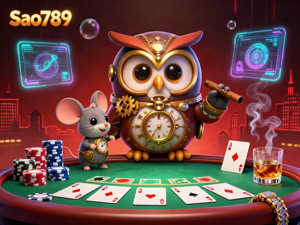 Sao789's vibrant casino scene featuring a time-traveling owl, poker elements, and high-stakes action.