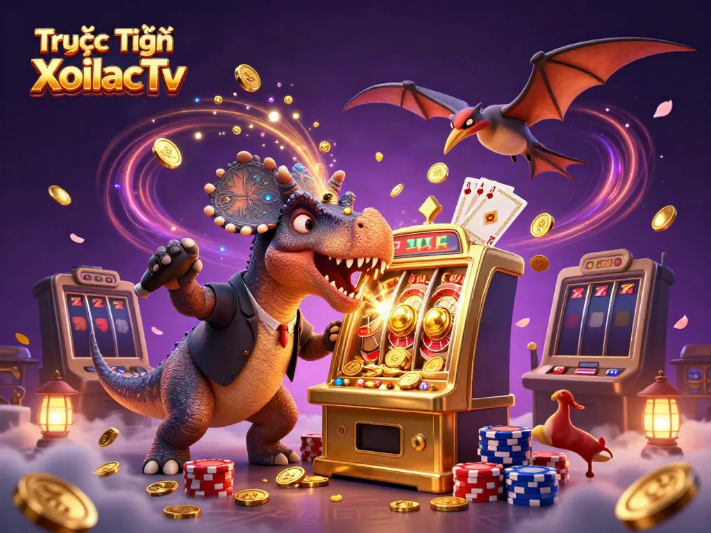 Trực Tiếp XoilacTv showcases an exciting cartoon scene of a dinosaur winning at a casino!
