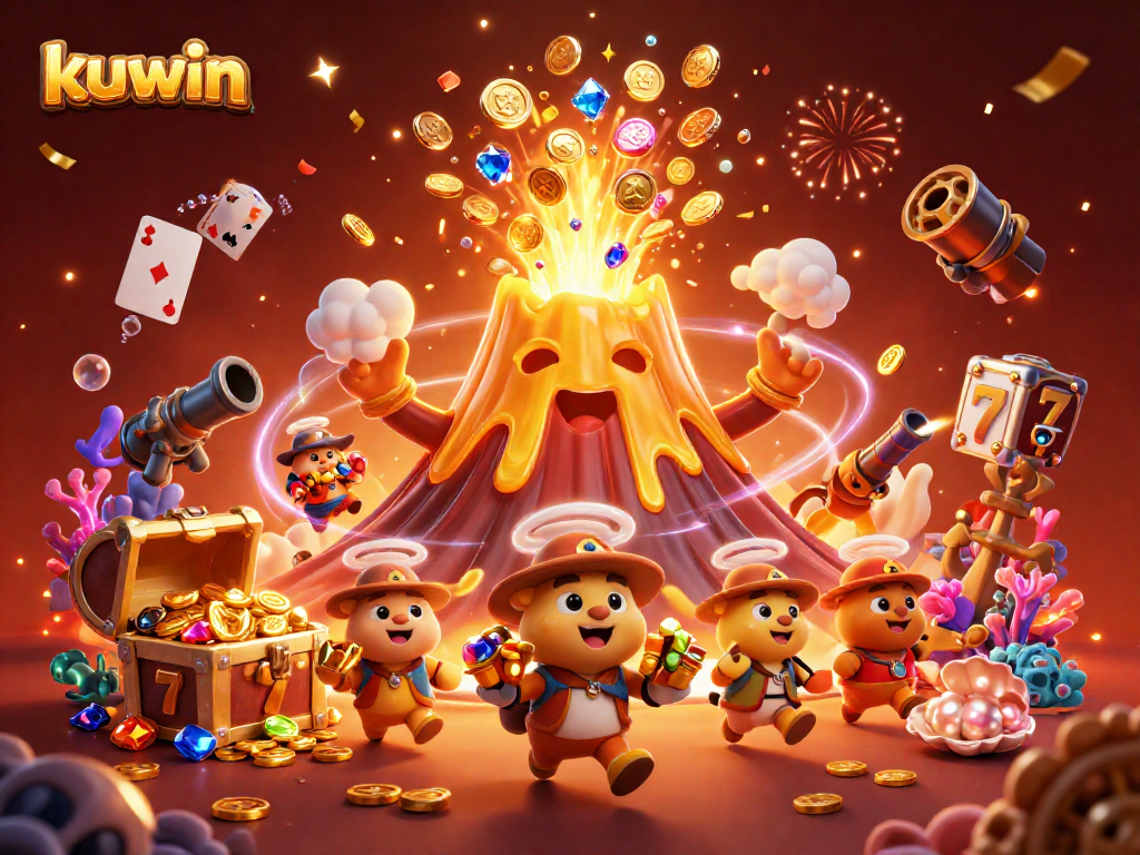 Experience the excitement of kuwin with a vibrant 3D scene of treasure, volcanoes, and dynamic gaming elements.