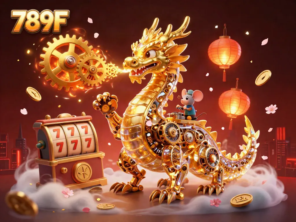 Experience 789F's thrilling slot adventures with a 3D dragon unleashing golden gears and luck.