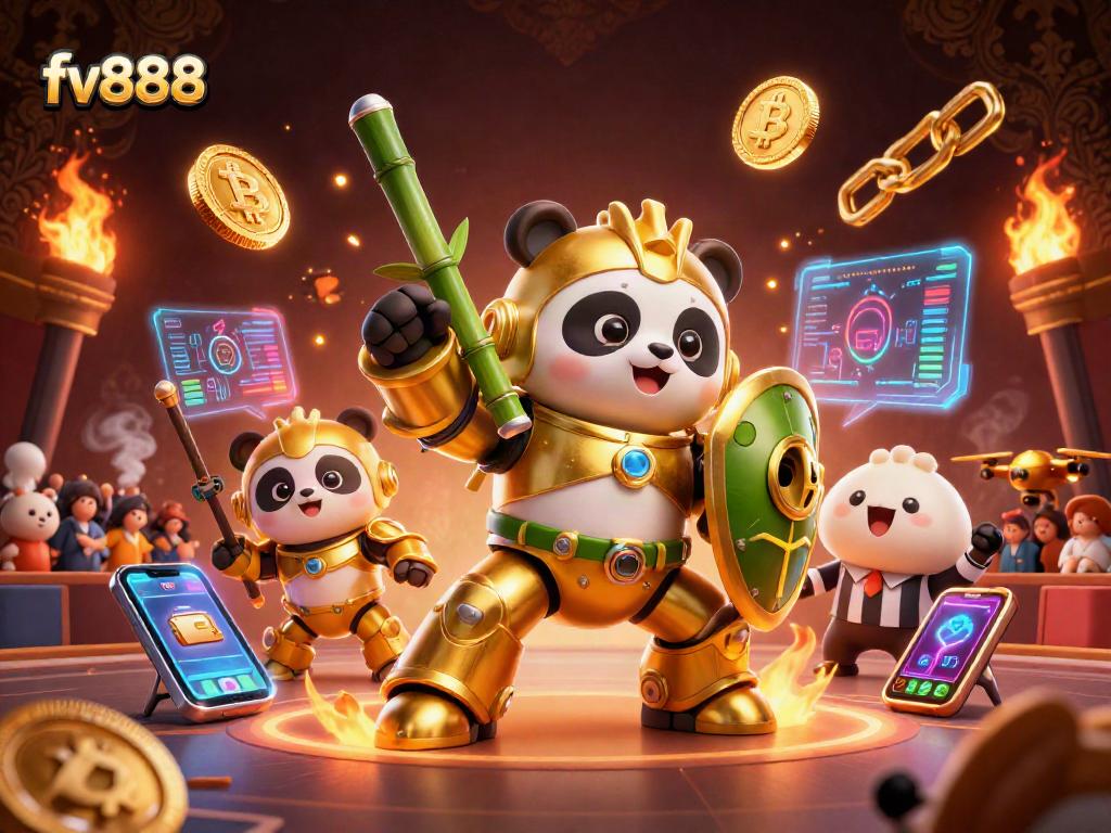 Engage in thrilling gameplay with fv888, as a golden panda navigates a bamboo robot amid vibrant casino elements.