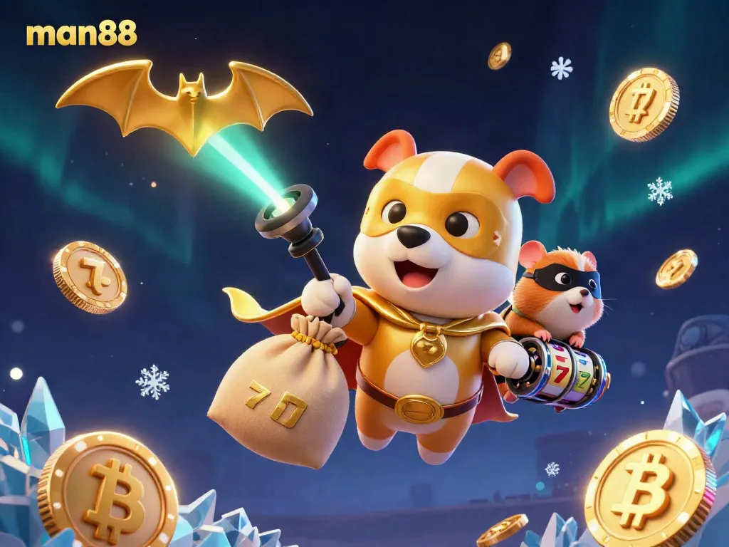 Experience the thrilling world of man88 with flying characters, gold coins, and dynamic casino elements.