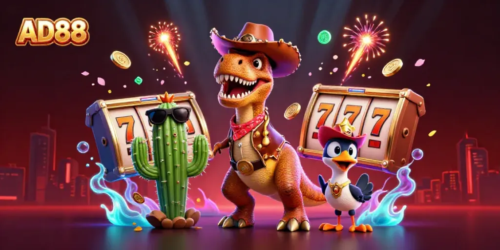 Engage with AD88's vibrant 3D casino scene, featuring a dinosaur and slot reels.