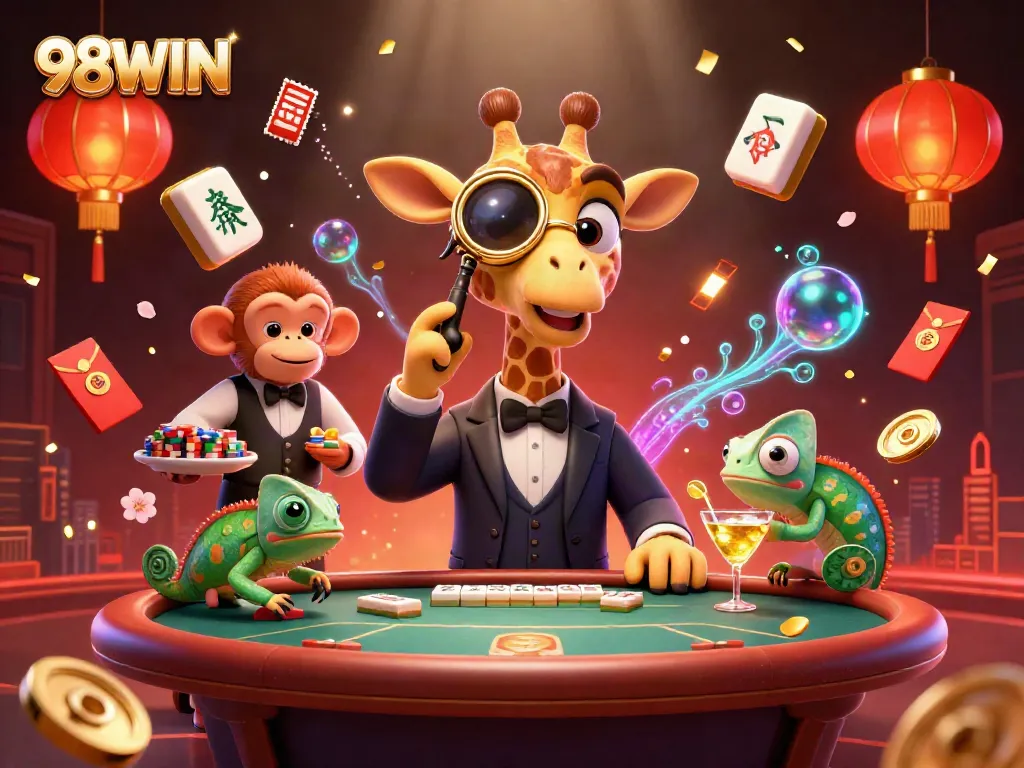 Play exciting casino games with 98WIN in a vibrant, dynamic 3D illustration featuring unique characters and lucky elements.