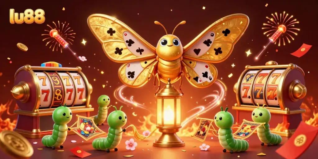 Experience the thrills of LU88 with a vibrant casino scene showcasing unique games and festive celebrations.