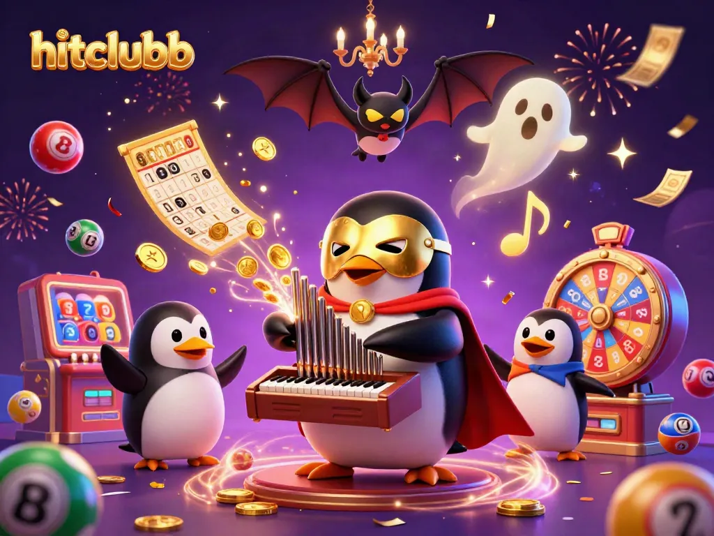 Experience the thrill of hitclubb with a vibrant 3D casino scene featuring a playful penguin and golden coins.