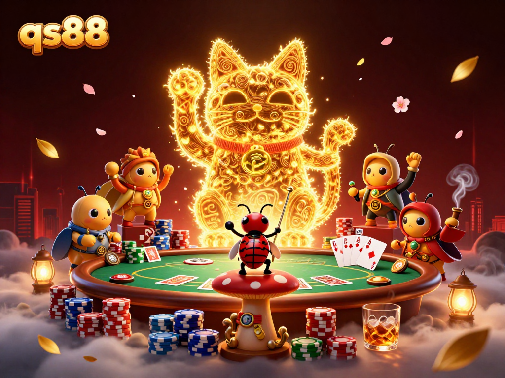 Experience the vibrant qs88 casino scene with a giant lucky cat and dynamic poker elements.