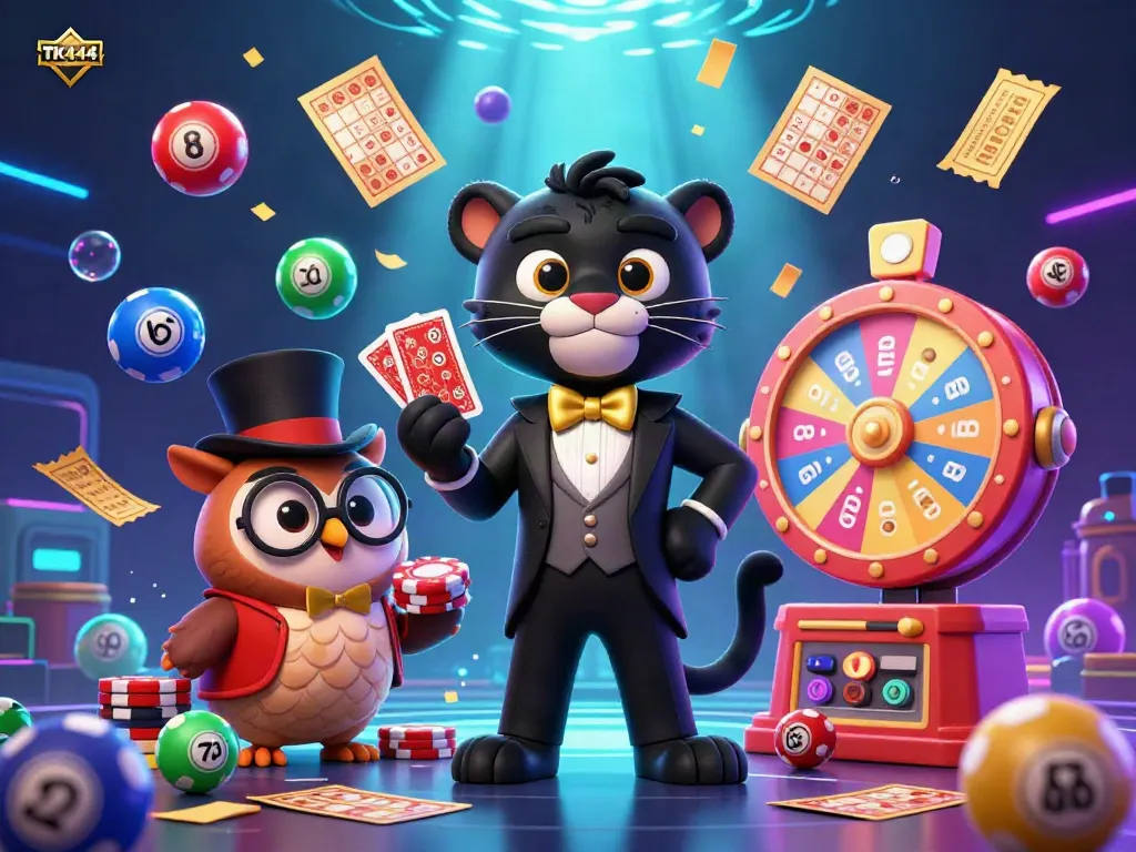 Engage in thrilling gameplay with TK444, where a panther deals cards and a lucky owl holds poker chips.