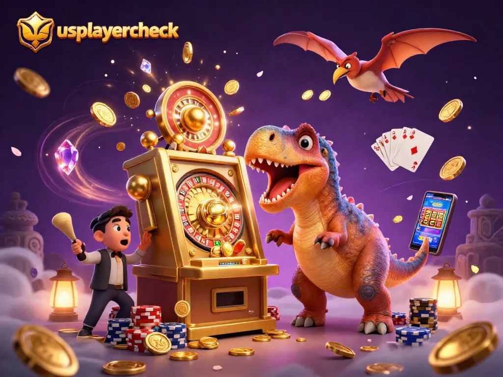 Experience excitement at usplayercheck as a colorful pachycephalosaurus hits a jackpot slot machine amid golden coins and poker chips.