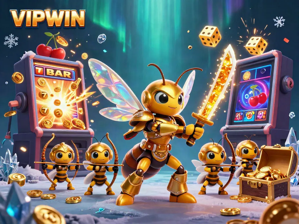 Win big with VIPWIN in this dynamic 3D illustration showcasing a golden hornet samurai, jackpot, and playful casino elements.