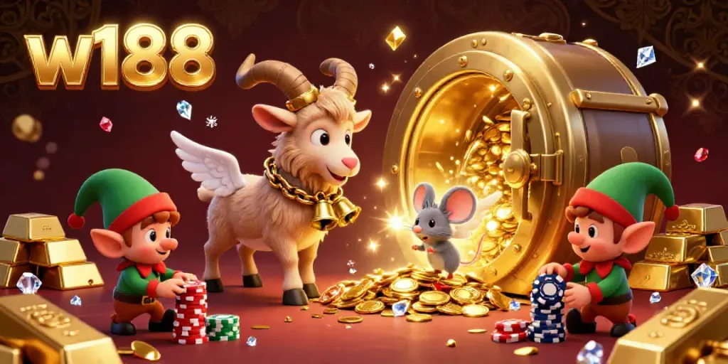 Engage in thrilling online gambling at w188, featuring a festive Krampus goat, angel mouse, and mischievous elf gremlins.