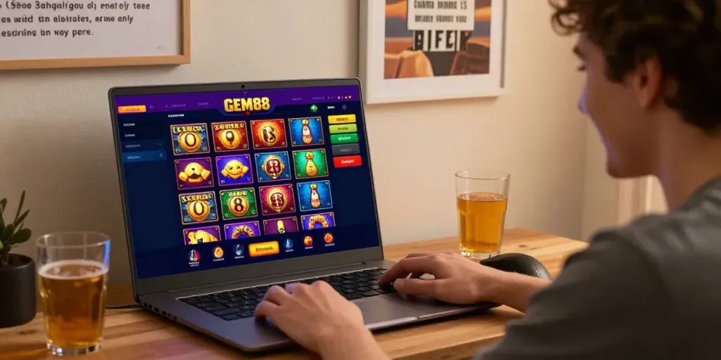 Engaging with online games on https://gem88.jpn.com/ in a cozy home setup, showcasing vibrant gaming icons.
